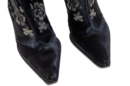 Vintage black calf hair Italian boots with floral motif and sleek high heel