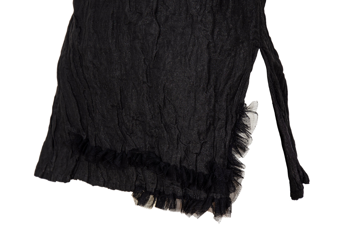 90s Marcel Marongiu black sleeveless top with permanent pleats and mesh ruffle trim