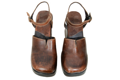 90s Mia brown leather wood split sole chunky platform clogs - Made in Brazil