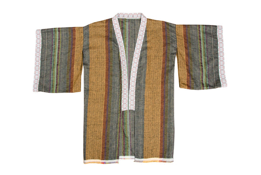 Vintage handwoven linen striped wide sleeves kimono inspired jacket - Made in Italy