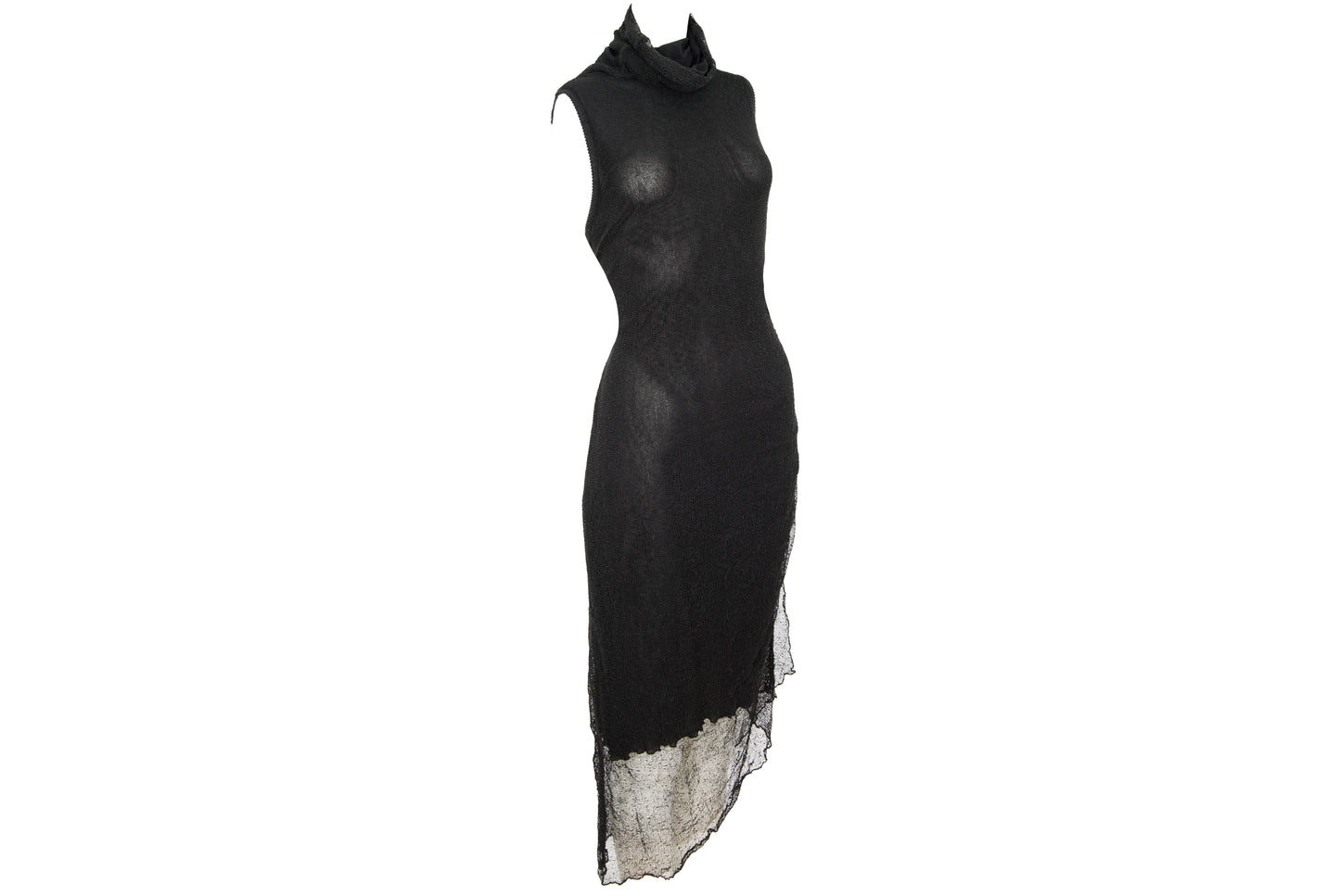 Vintage Sarah Pacini open fishnet knit cowl neck asymmetrical sleeveless dress