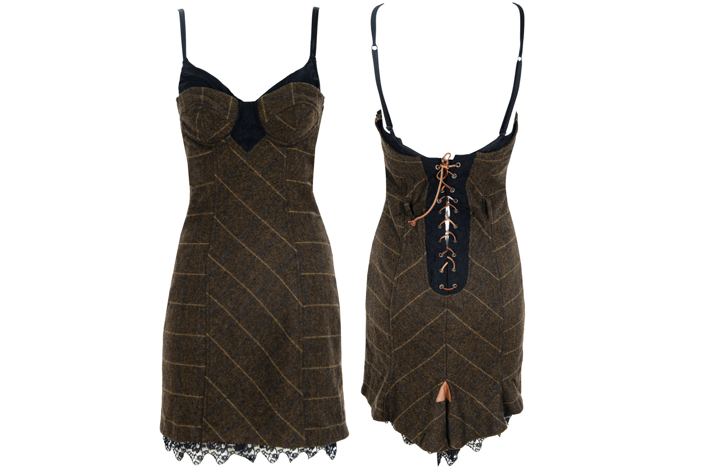 Vintage Italian brand wool plaid lace up corset dress with underwire cups