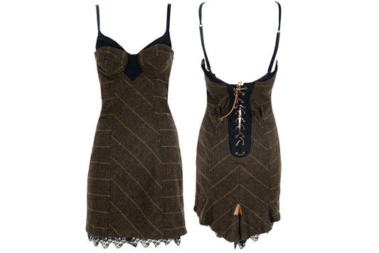 Vintage Italian brand wool plaid lace up corset dress with underwire cups