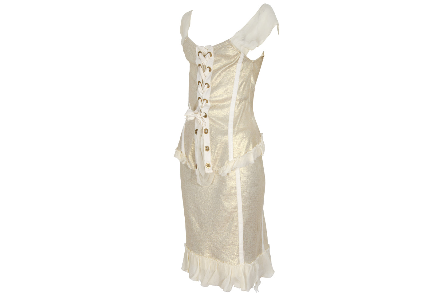 2000s Italian designer champagne gold silk blend top and skirt two piece set