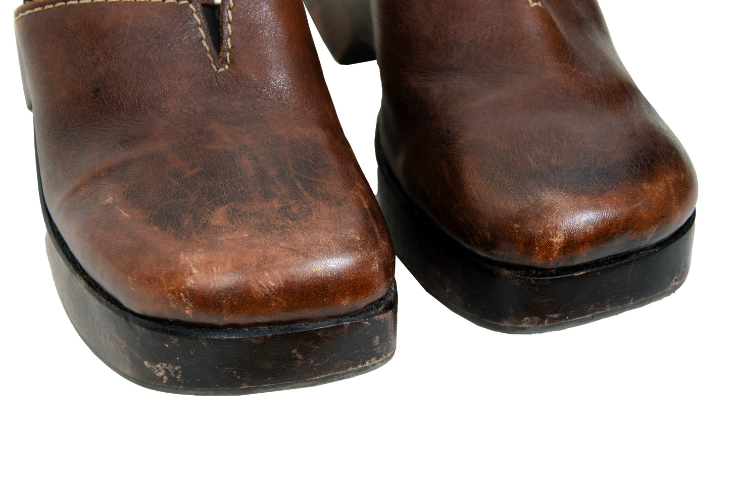 90s Mia brown leather wood split sole chunky platform clogs - Made in Brazil