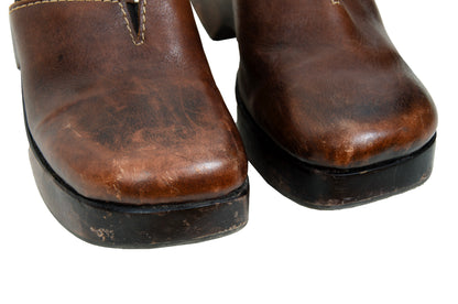 90s Mia brown leather wood split sole chunky platform clogs - Made in Brazil