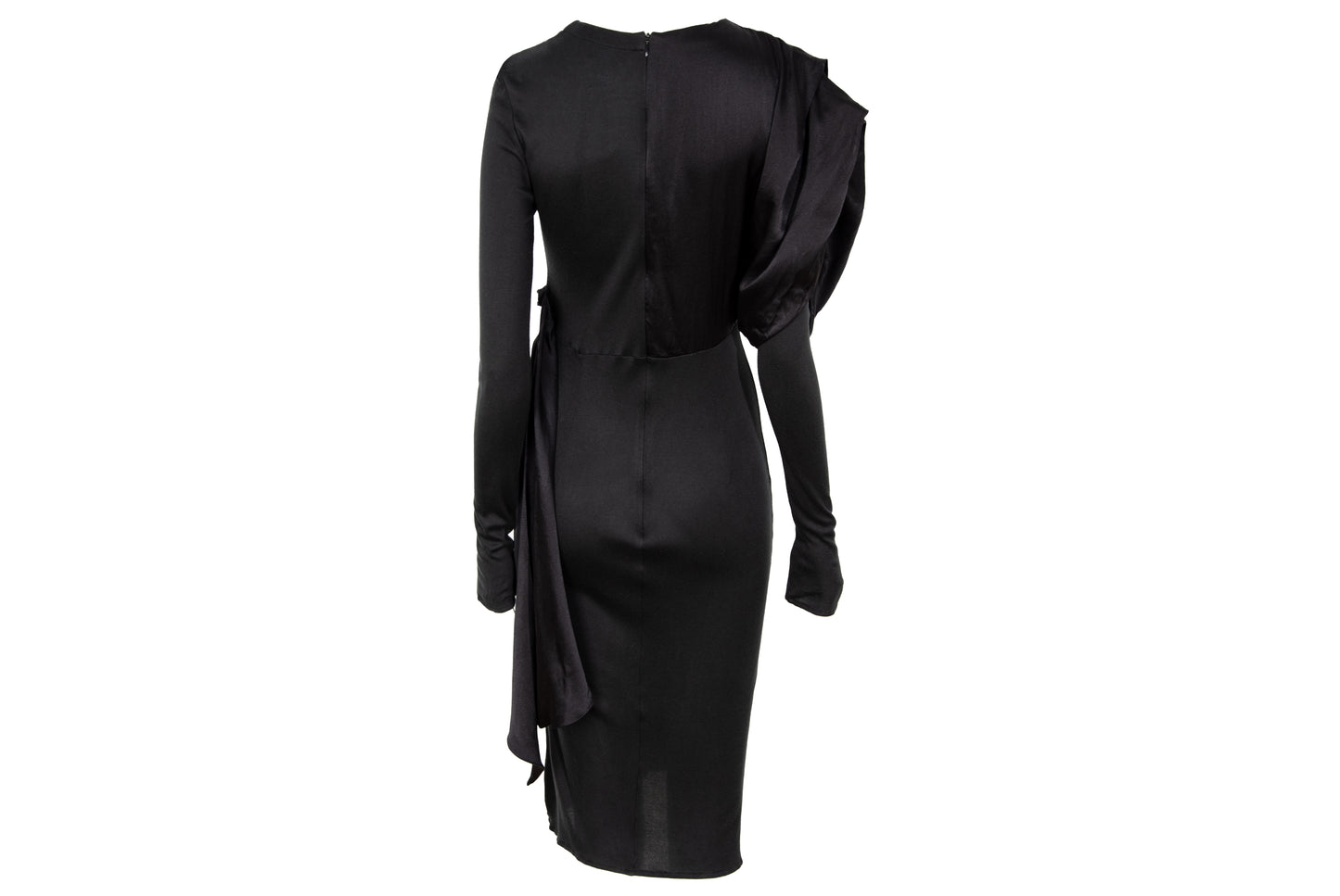 1980s Michel Klein black dress with draped 100% silk integrated scarf