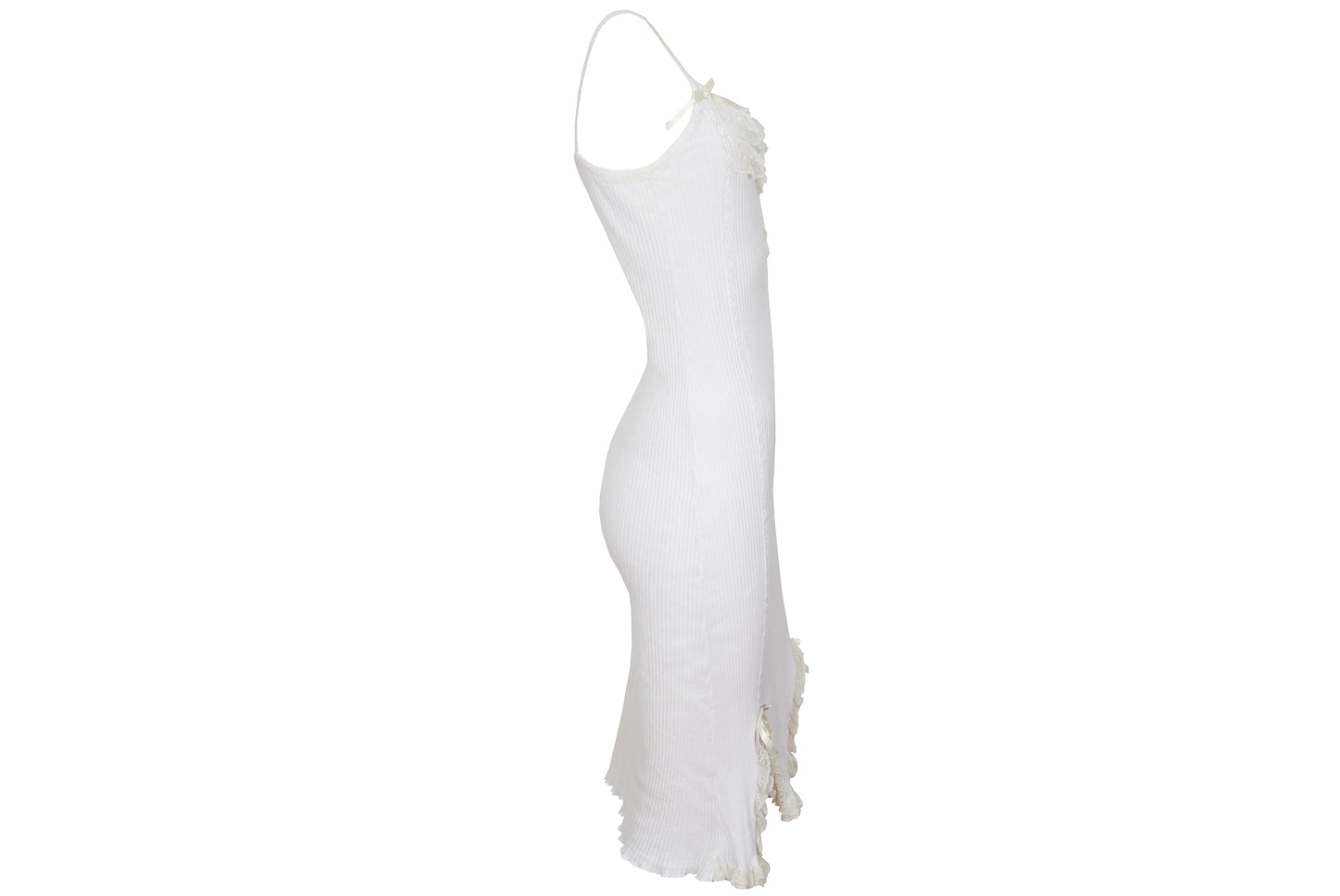 1990s Italian white ribbed cotton slip dress with ruffle lace and satin ribbons details