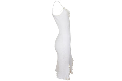 1990s Italian white ribbed cotton slip dress with ruffle lace and satin ribbons details