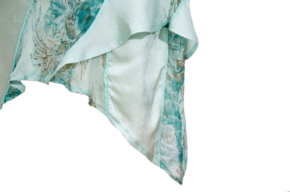 90s Kaat Tilley 100% silk watercolor floral print draped asymmetrical hem dress