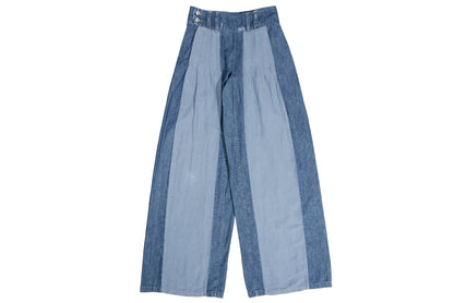 2000s Michiko Koshino two tone patchwork blue denim dramatic wide leg pants