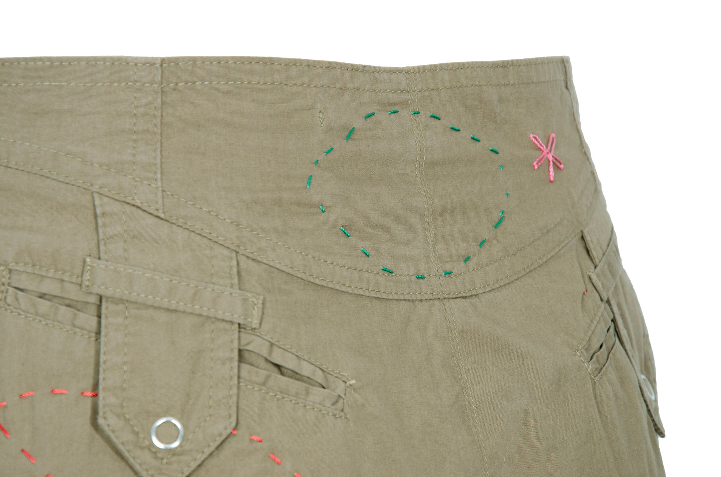 2000s Gaetano Navarra olive ruffled mini skirt with embroideries and decorative stitching