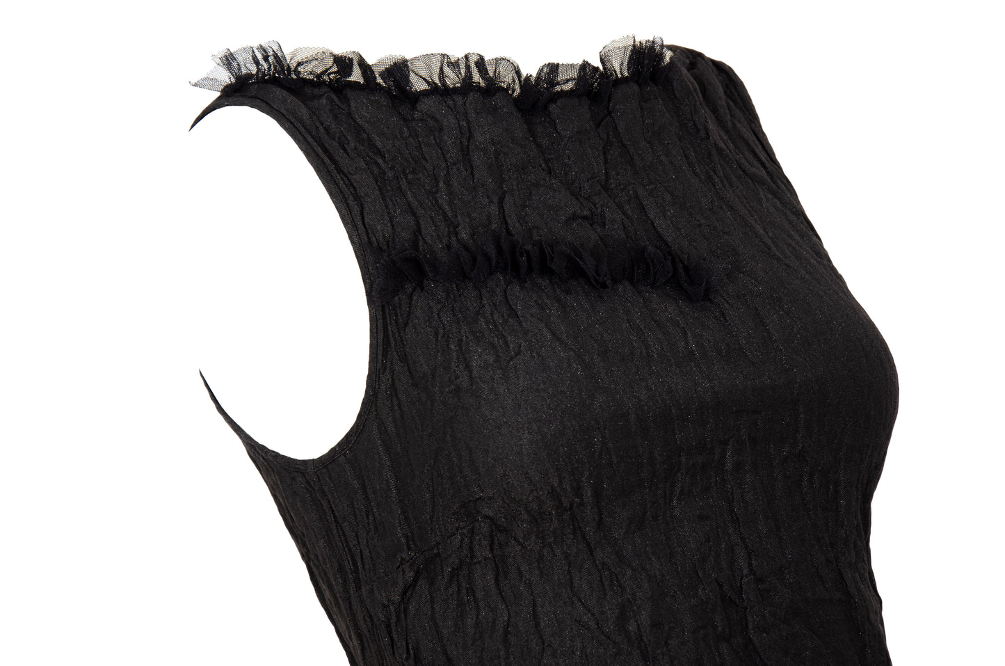 90s Marcel Marongiu black sleeveless top with permanent pleats and mesh ruffle trim