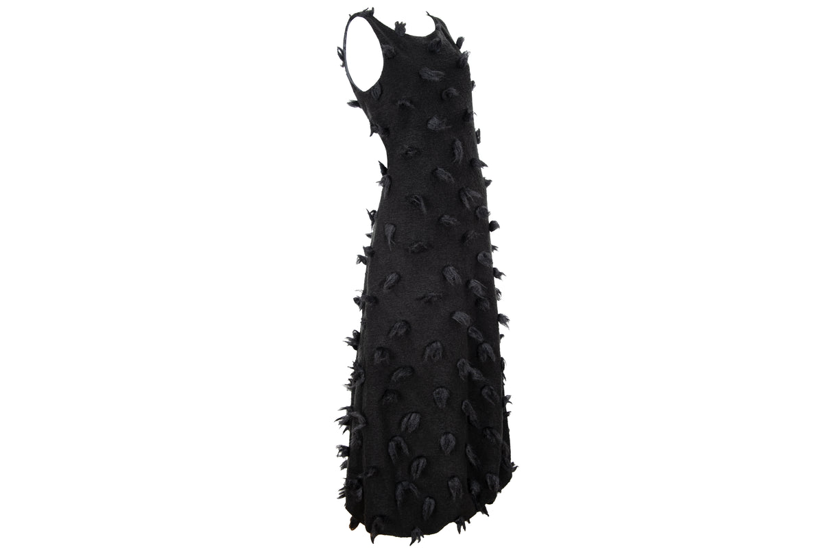 Rare Biche de Bere black boiled wool dress with 3D tufted wool pompom details