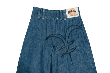 2000s Michiko Koshino two tone patchwork blue denim dramatic wide leg pants
