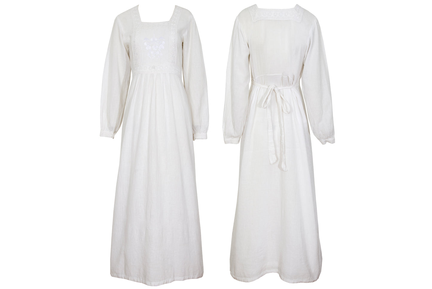 1970s white cotton gauze empire waist embroidered maxi dress