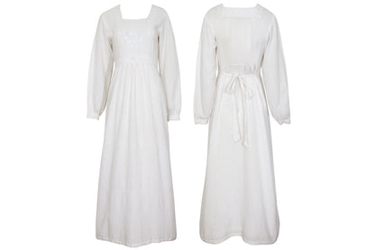 1970s white cotton gauze empire waist embroidered maxi dress