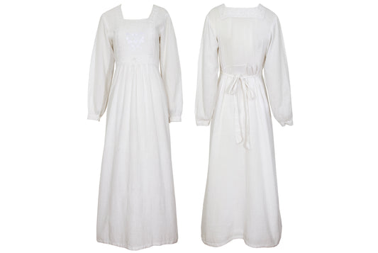 1970s white cotton gauze empire waist embroidered maxi dress