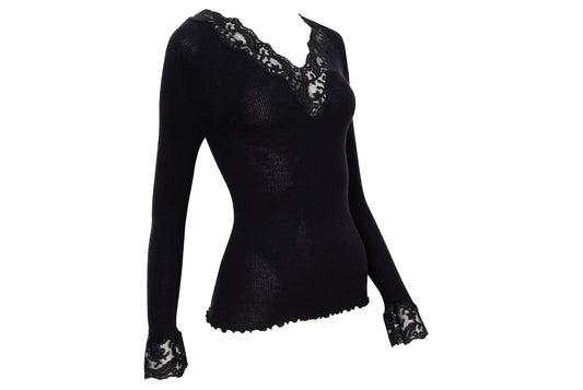 Vintage silk and wool sheer lace plunging neckline long sleeves top / Made in Italy