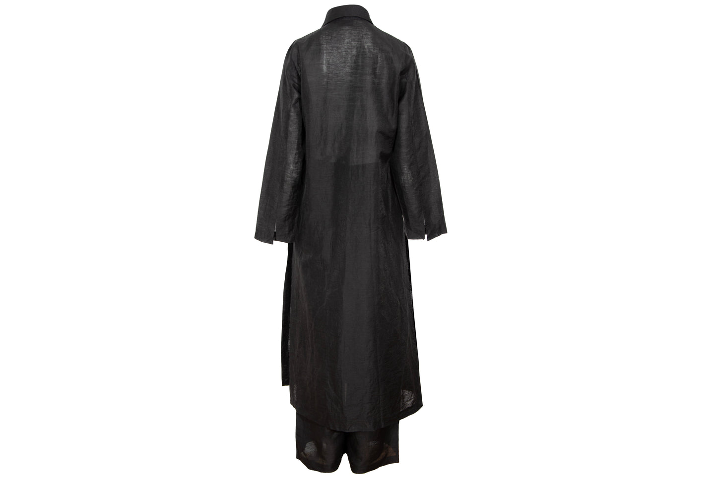 Vintage minimalist black linen long shirt jacket & pants two piece set