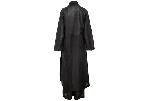 Vintage minimalist black linen long shirt jacket & pants two piece set
