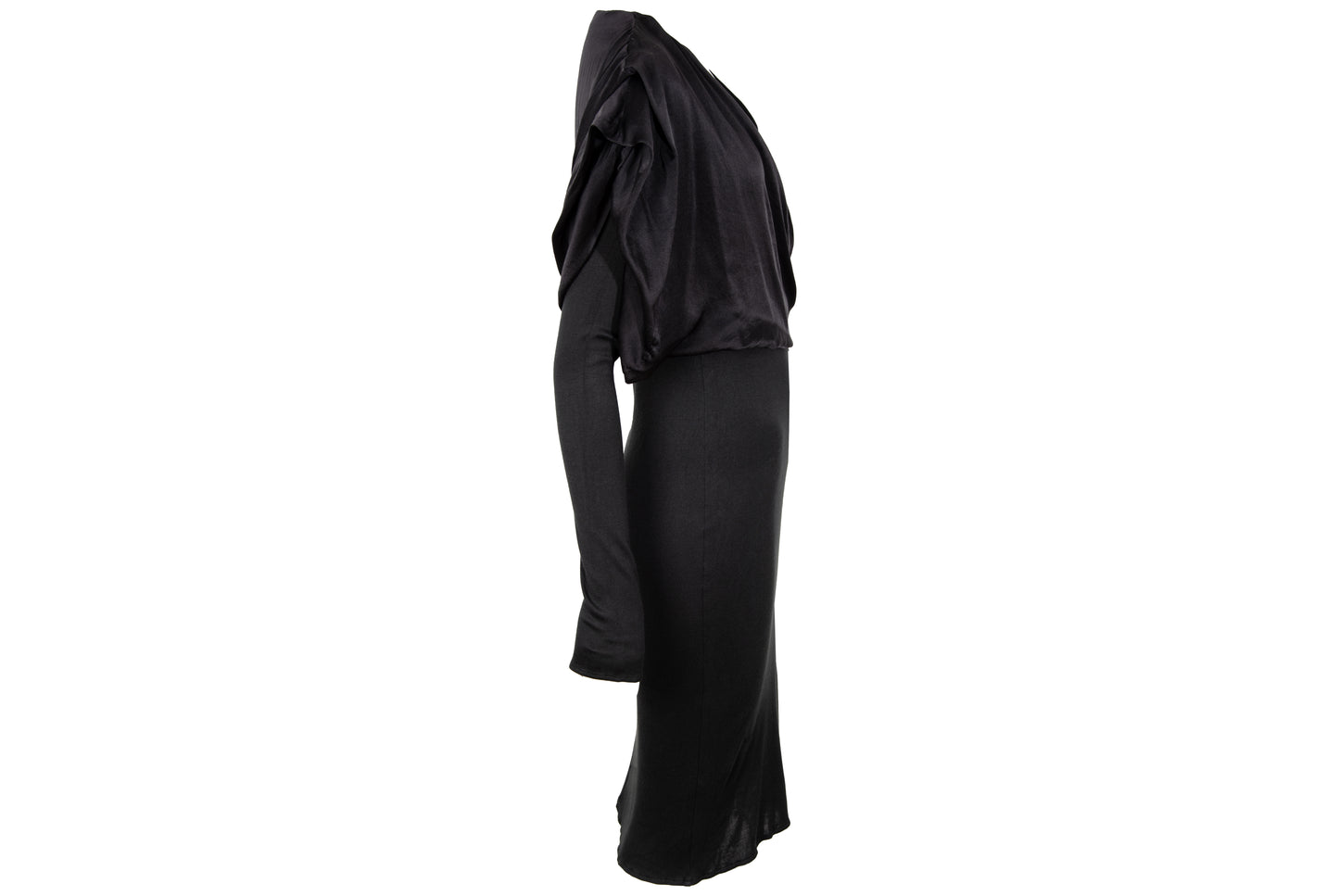 1980s Michel Klein black dress with draped 100% silk integrated scarf