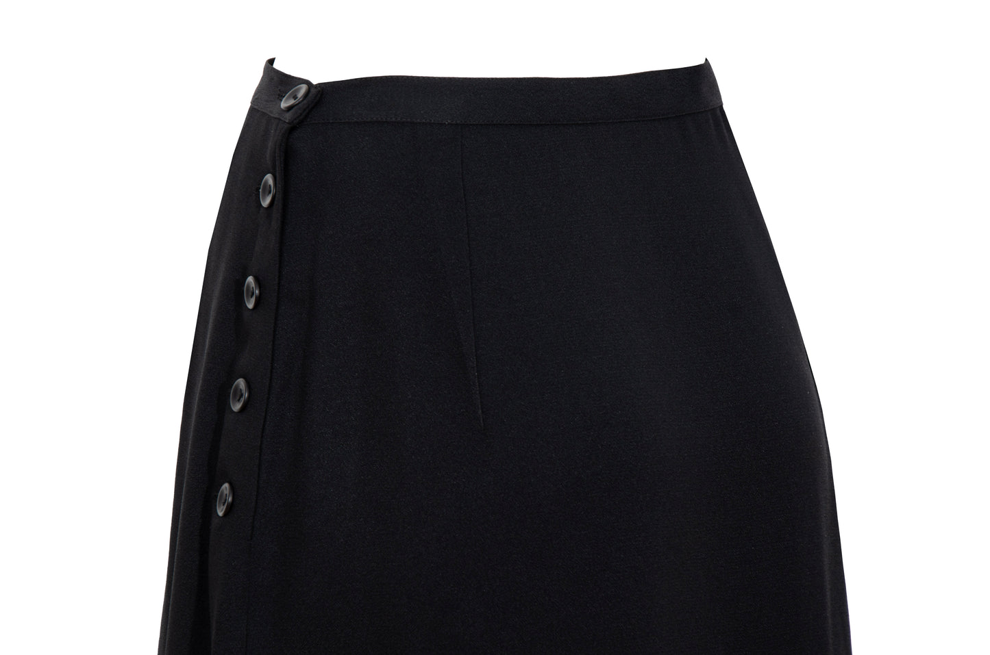 1990s Corinne Sarrut black maxi skirt with side button fastening and satin ribbon detailing