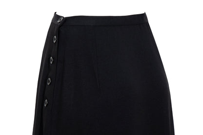 1990s Corinne Sarrut black maxi skirt with side button fastening and satin ribbon detailing