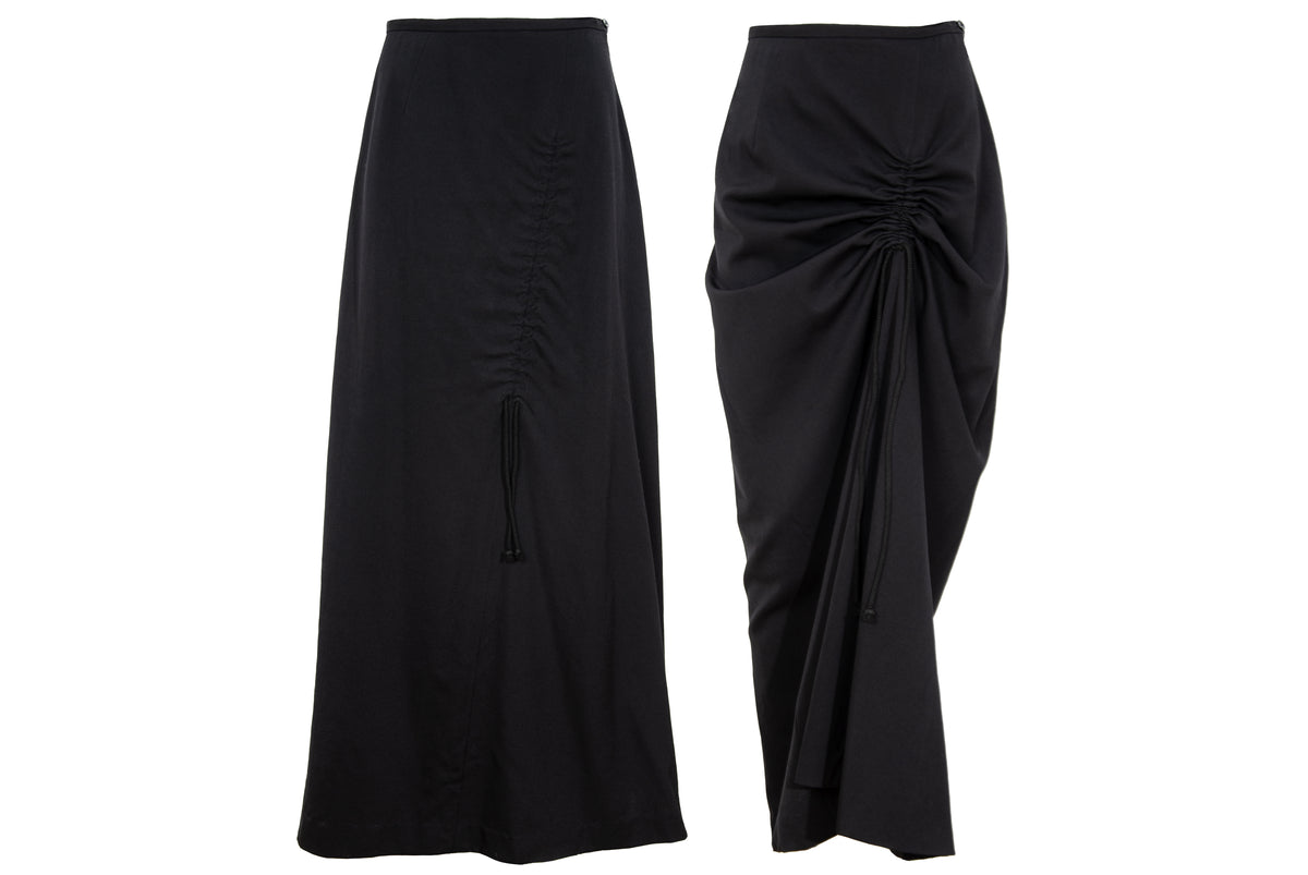Vintage Atsuro Tayama black wool maxi skirt with adjustable ruched drawstring - Made in Japan