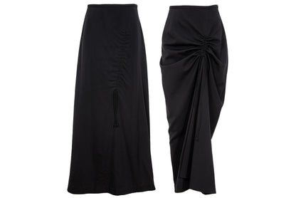 Vintage Atsuro Tayama black wool maxi skirt with adjustable ruched drawstring - Made in Japan