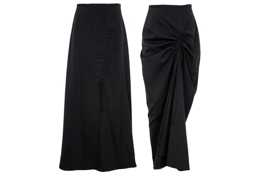 Vintage Atsuro Tayama black wool maxi skirt with adjustable ruched drawstring - Made in Japan
