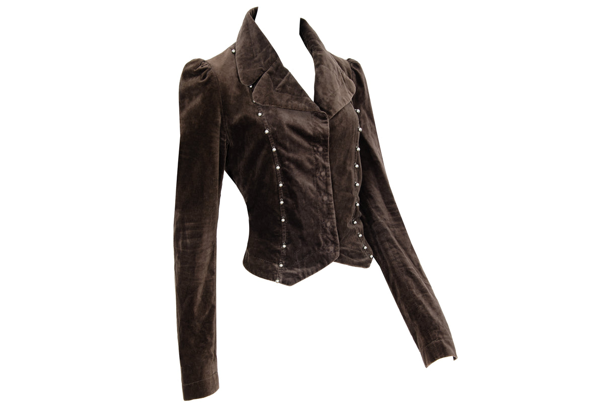 2000s Nolita brown velvet fitted cropped jacket with studded embroidered back - Made in Italy