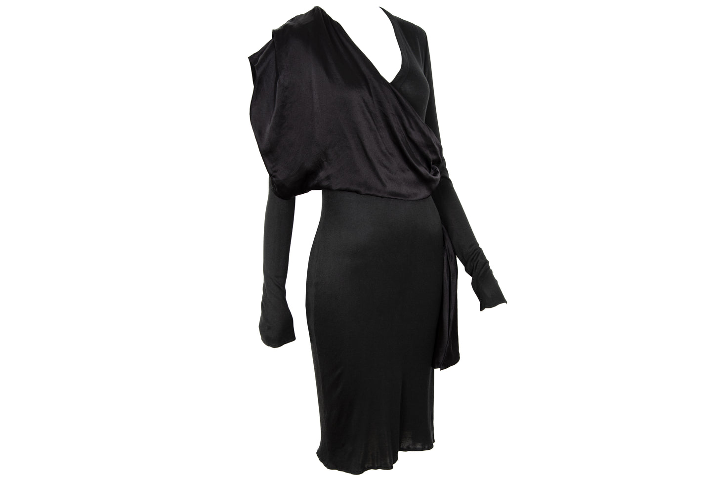 1980s Michel Klein black dress with draped 100% silk integrated scarf