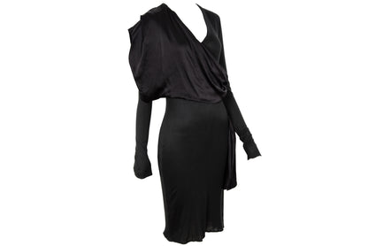 1980s Michel Klein black dress with draped 100% silk integrated scarf