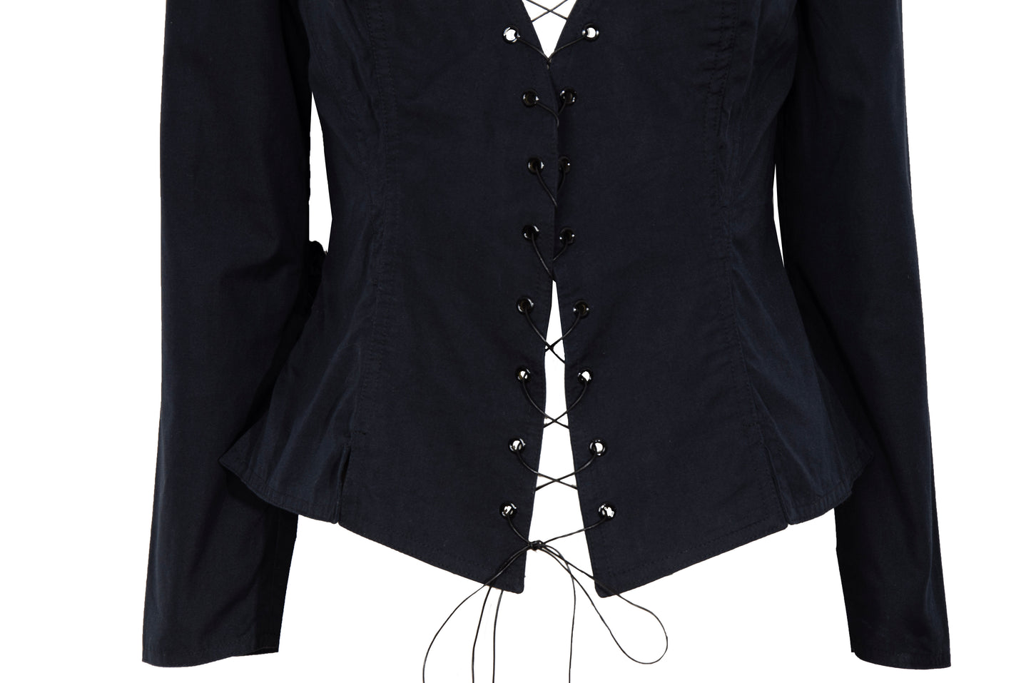 Vintage Easton Pearson black cotton corset inspired lace-up blouse with zip back opening