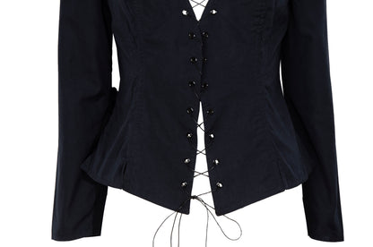 Vintage Easton Pearson black cotton corset inspired lace-up blouse with zip back opening