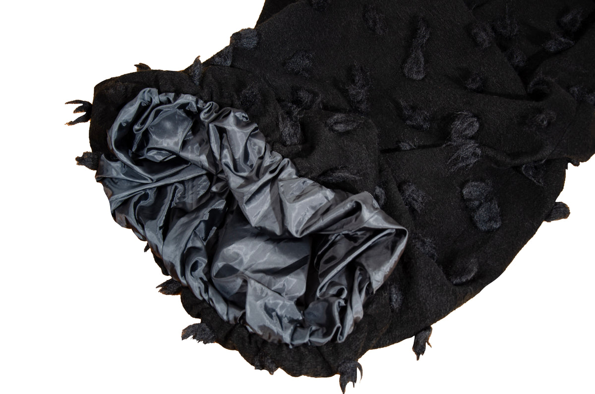 Rare Biche de Bere black boiled wool dress with 3D tufted wool pompom details