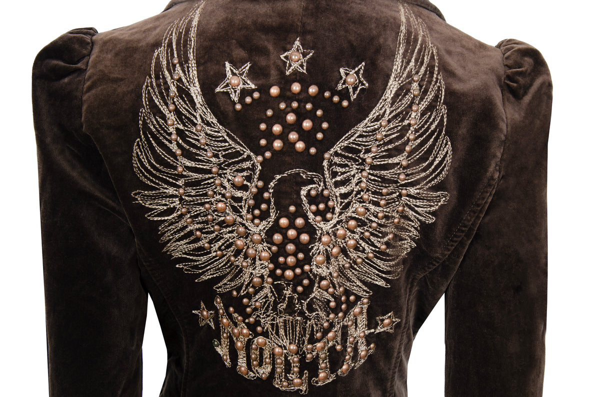 2000s Nolita brown velvet fitted cropped jacket with studded embroidered back - Made in Italy