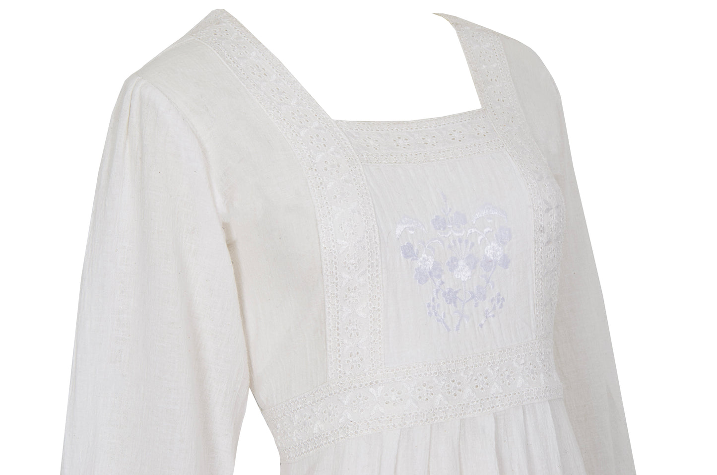 1970s white cotton gauze empire waist embroidered maxi dress
