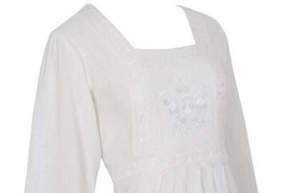 1970s white cotton gauze empire waist embroidered maxi dress