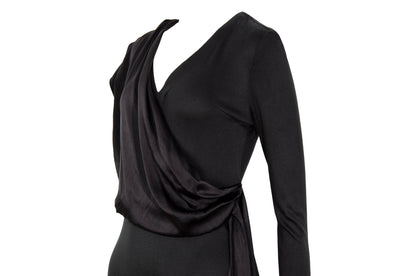 1980s Michel Klein black dress with draped 100% silk integrated scarf