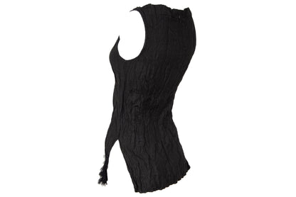 90s Marcel Marongiu black sleeveless top with permanent pleats and mesh ruffle trim
