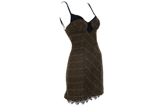 Vintage Italian brand wool plaid lace up corset dress with underwire cups