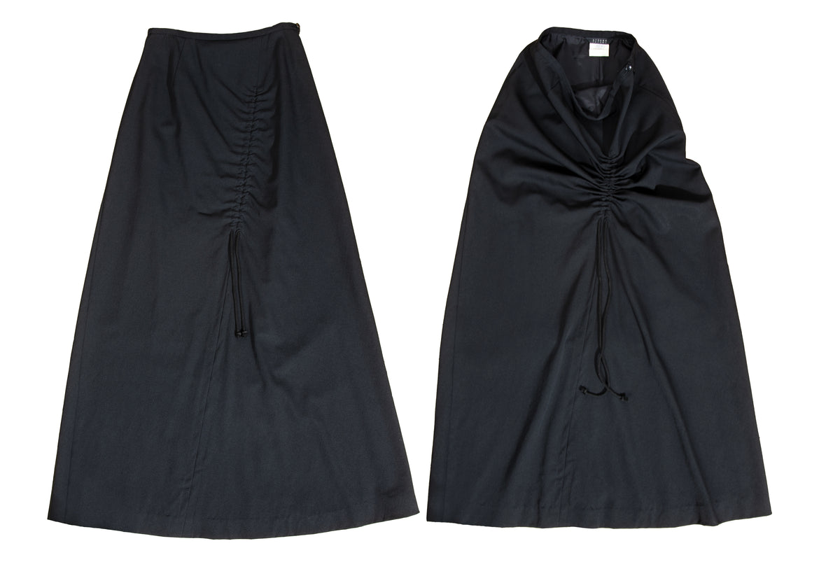 Vintage Atsuro Tayama black wool maxi skirt with adjustable ruched drawstring - Made in Japan