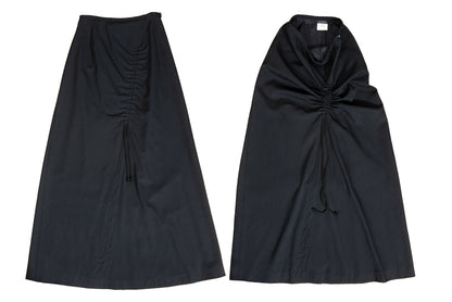 Vintage Atsuro Tayama black wool maxi skirt with adjustable ruched drawstring - Made in Japan