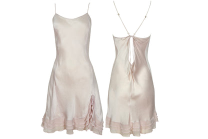 Vintage 100% silk pale blush pink open back ruffle hem spaghetti straps slip dress