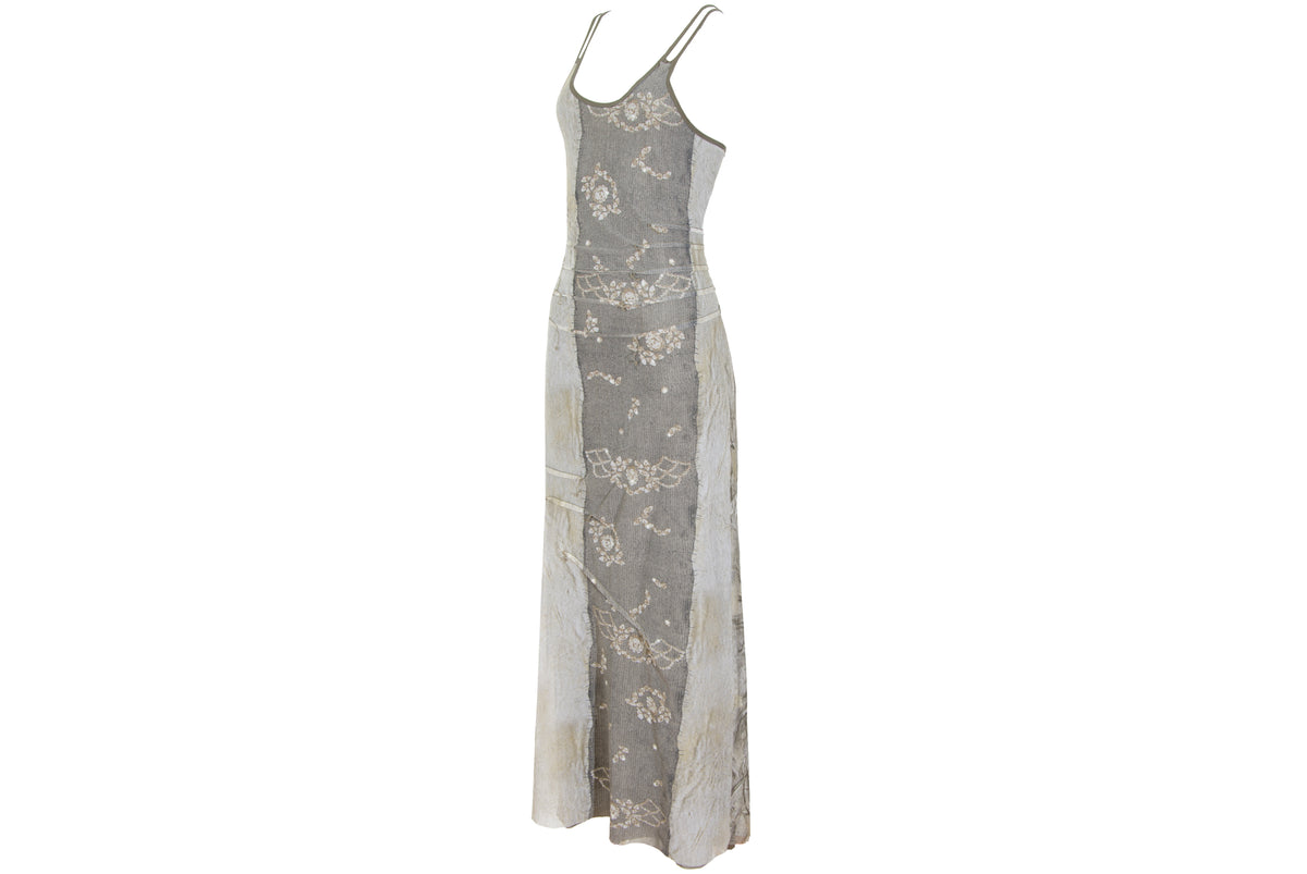 90s French brand mesh earth tones abstract print criss cross back spaghetti straps dress