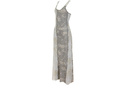 90s French brand mesh earth tones abstract print criss cross back spaghetti straps dress