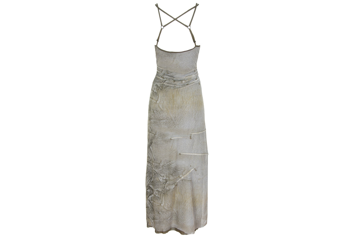 90s French brand mesh earth tones abstract print criss cross back spaghetti straps dress