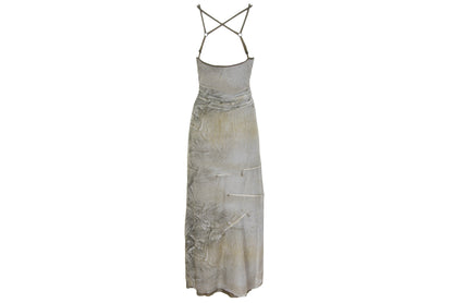 90s French brand mesh earth tones abstract print criss cross back spaghetti straps dress